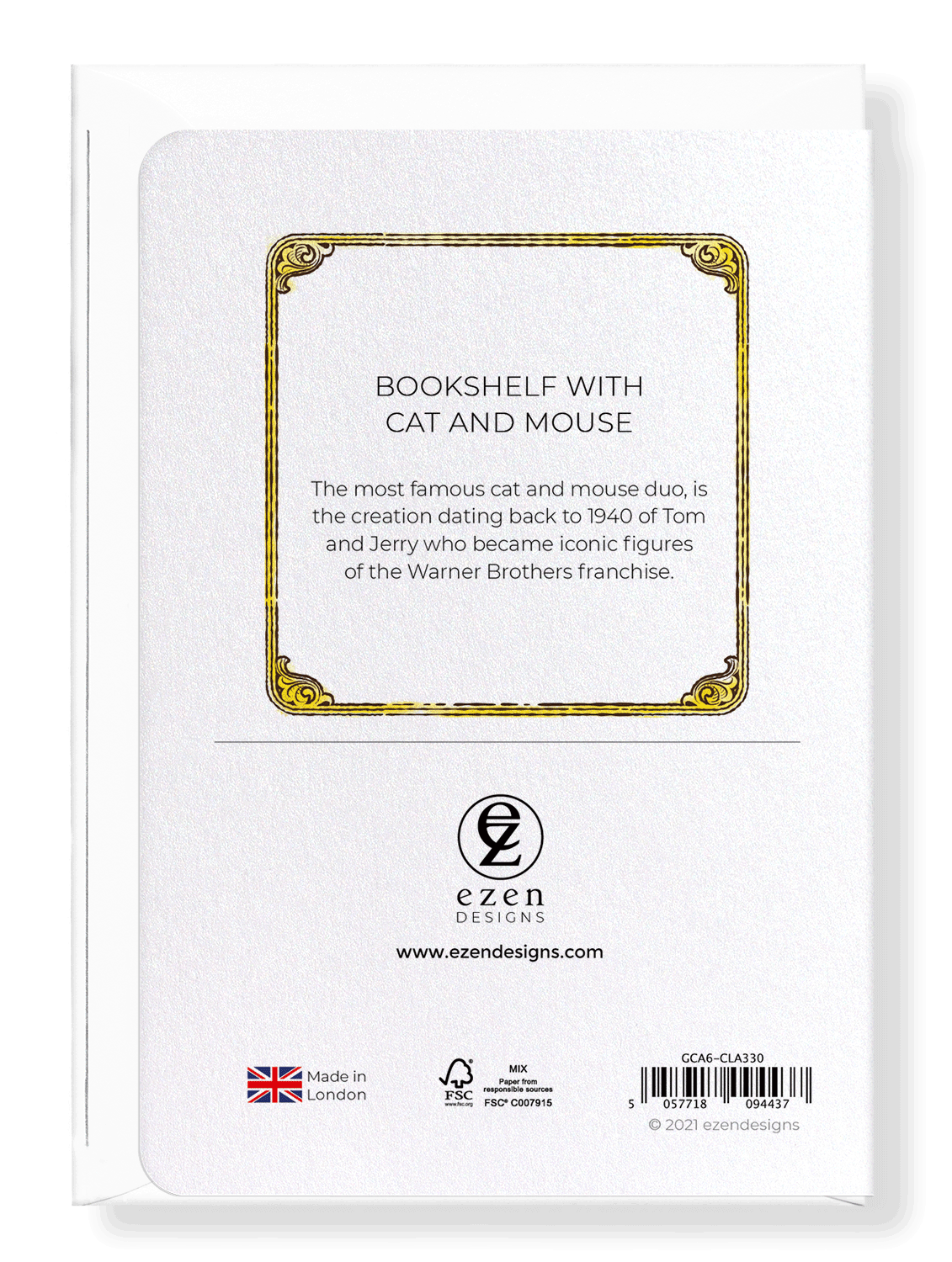 Ezen Designs - Bookshelf with cat and mouse - Greeting Card - Back