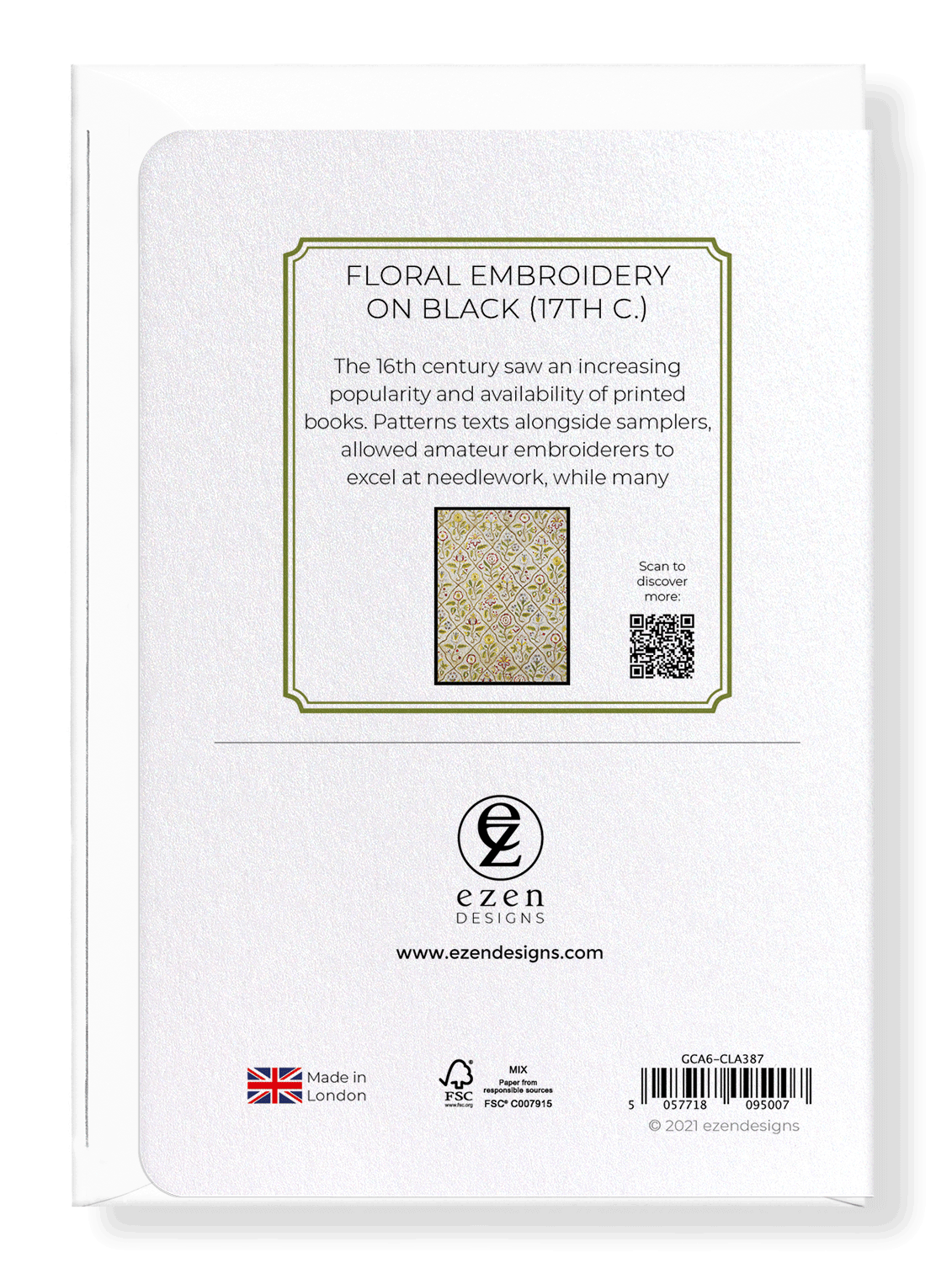 Ezen Designs - Floral Embroidery on Black (17th C.) - Greeting Card - Back