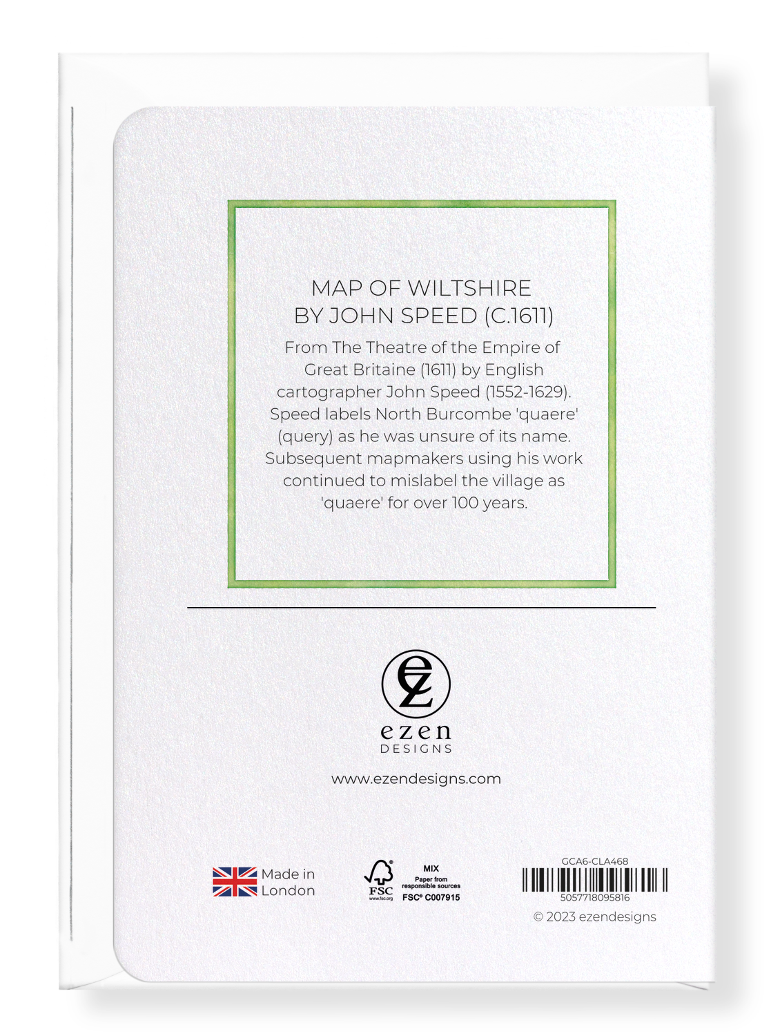 Ezen Designs - Map of Wiltshire by John Speed (c.1611) - Greeting Card - Back
