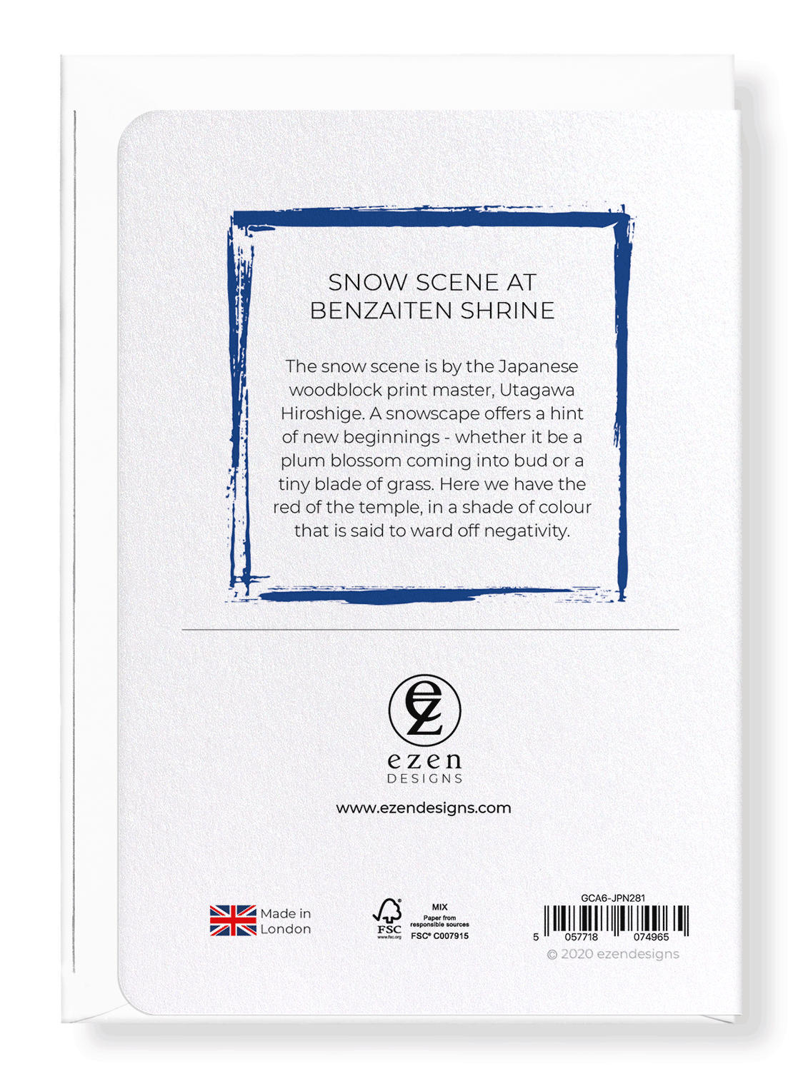 Ezen Designs - Snow scene at benzaiten shrine - Greeting Card - Back