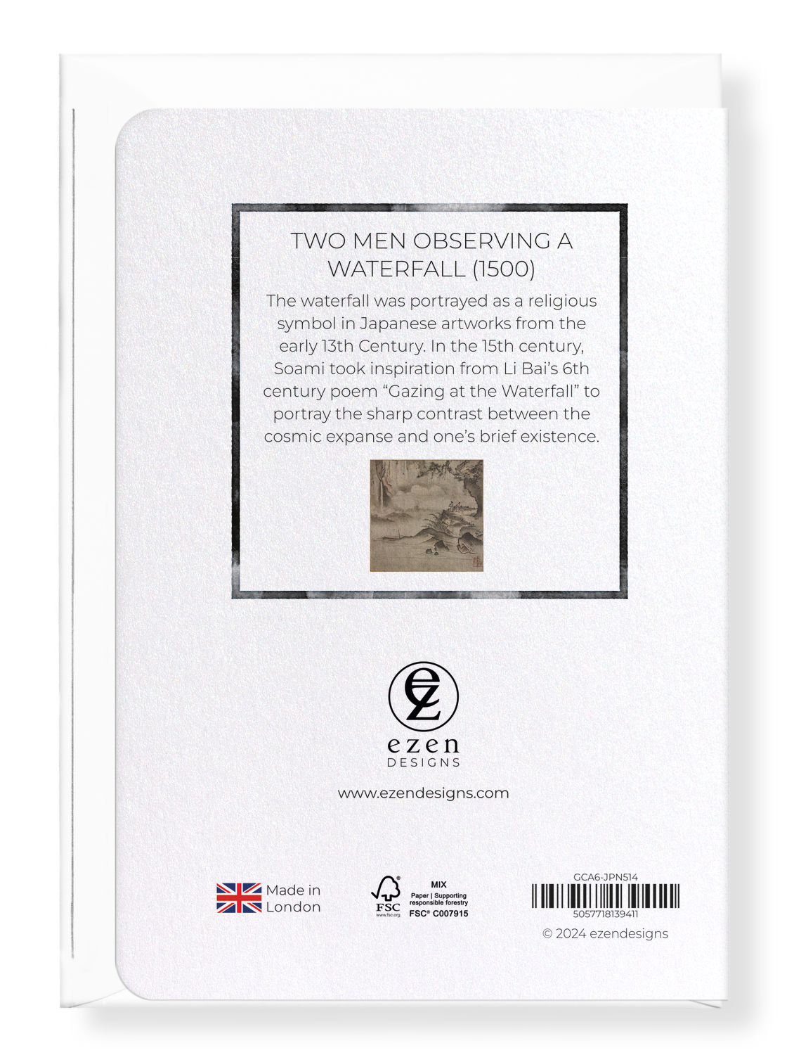 Ezen Designs - Two Men Observing a Waterfall (1500) - Greeting Card - Back