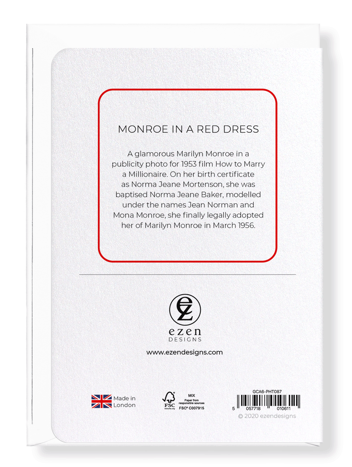 Ezen Designs - Monroe in a red dress - Greeting Card - Back