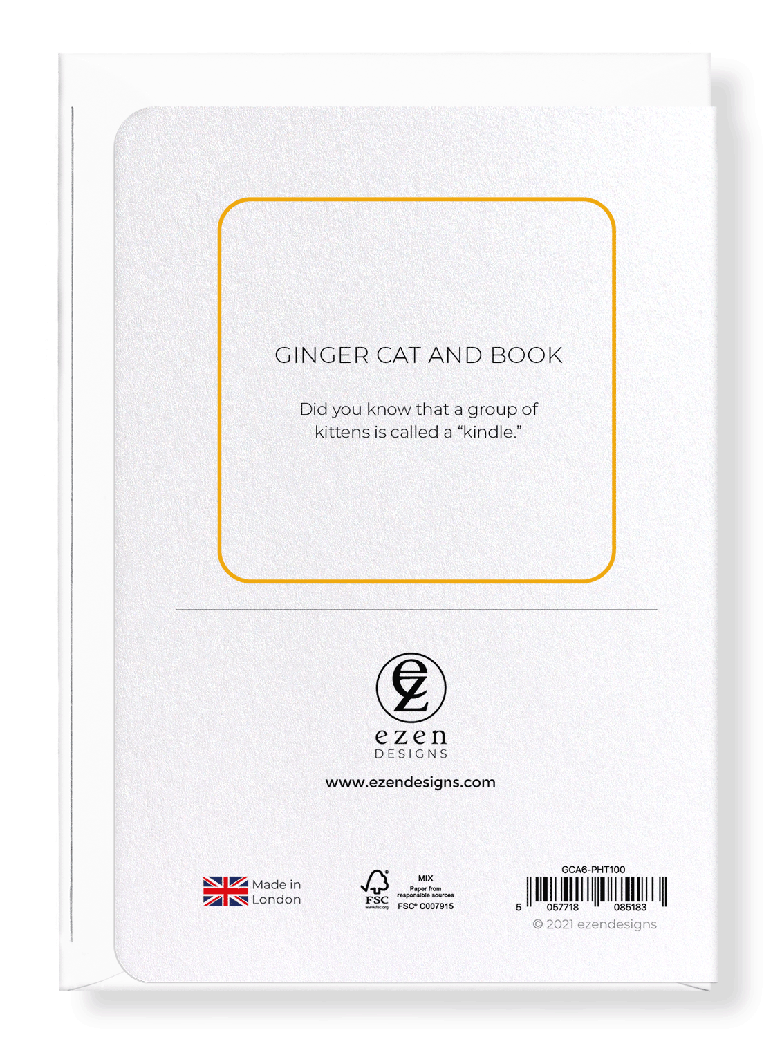 Ezen Designs - Ginger cat and book - Greeting Card - Back