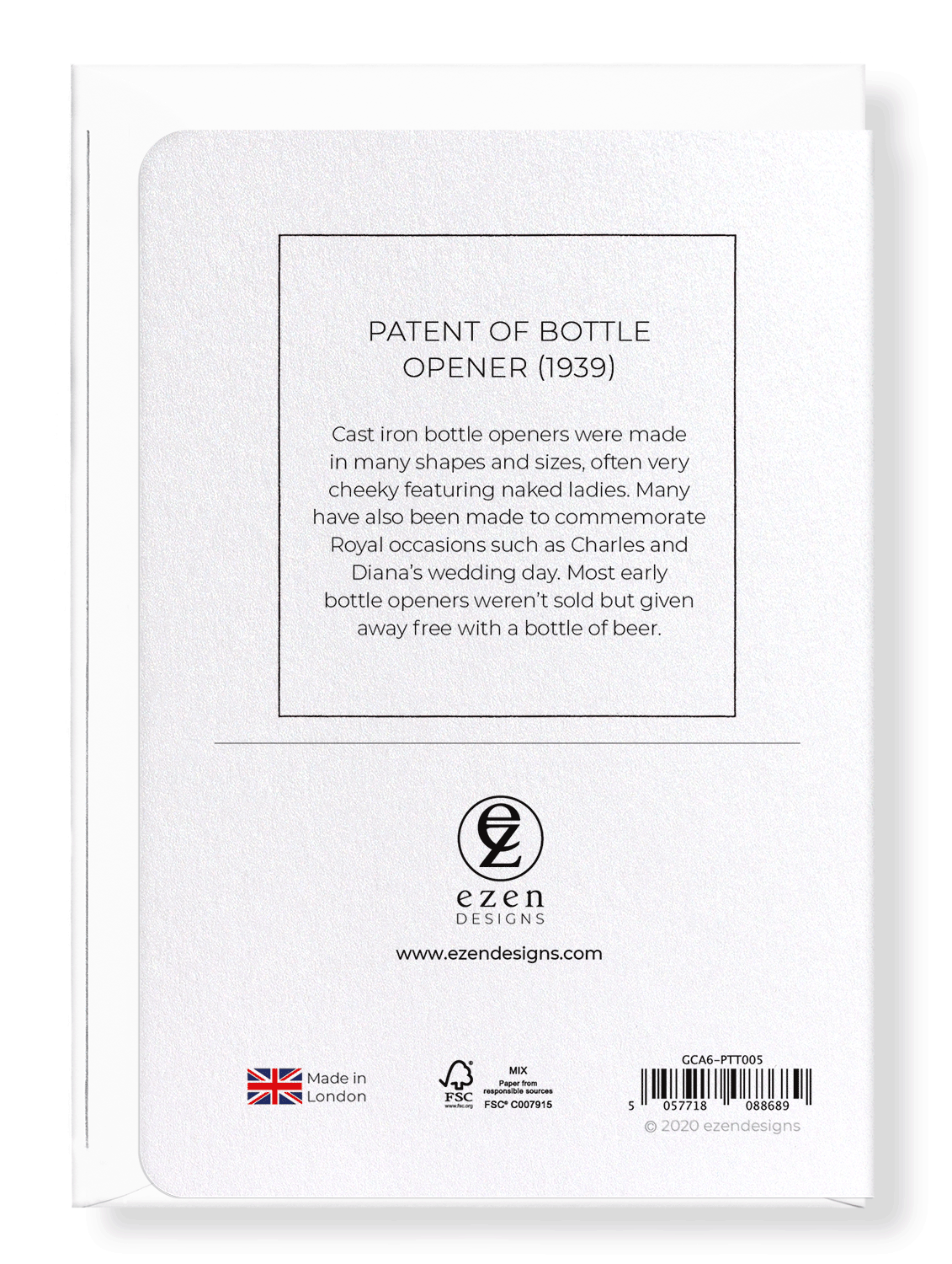 Ezen Designs - Patent of bottle opener (1939) - Greeting Card - Back