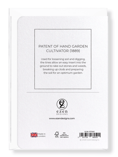 Ezen Designs - Patent of hand garden cultivator (1889) - Greeting Card - Back