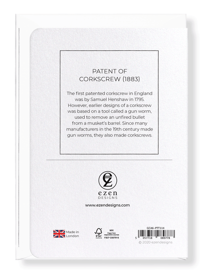 Ezen Designs - Patent of corkscrew (1883) - Greeting Card - Back