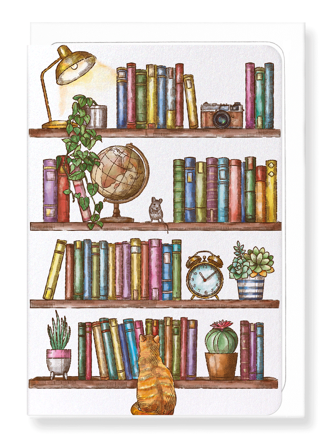 Ezen Designs - Bookshelf with cat and mouse - Greeting Card - Front