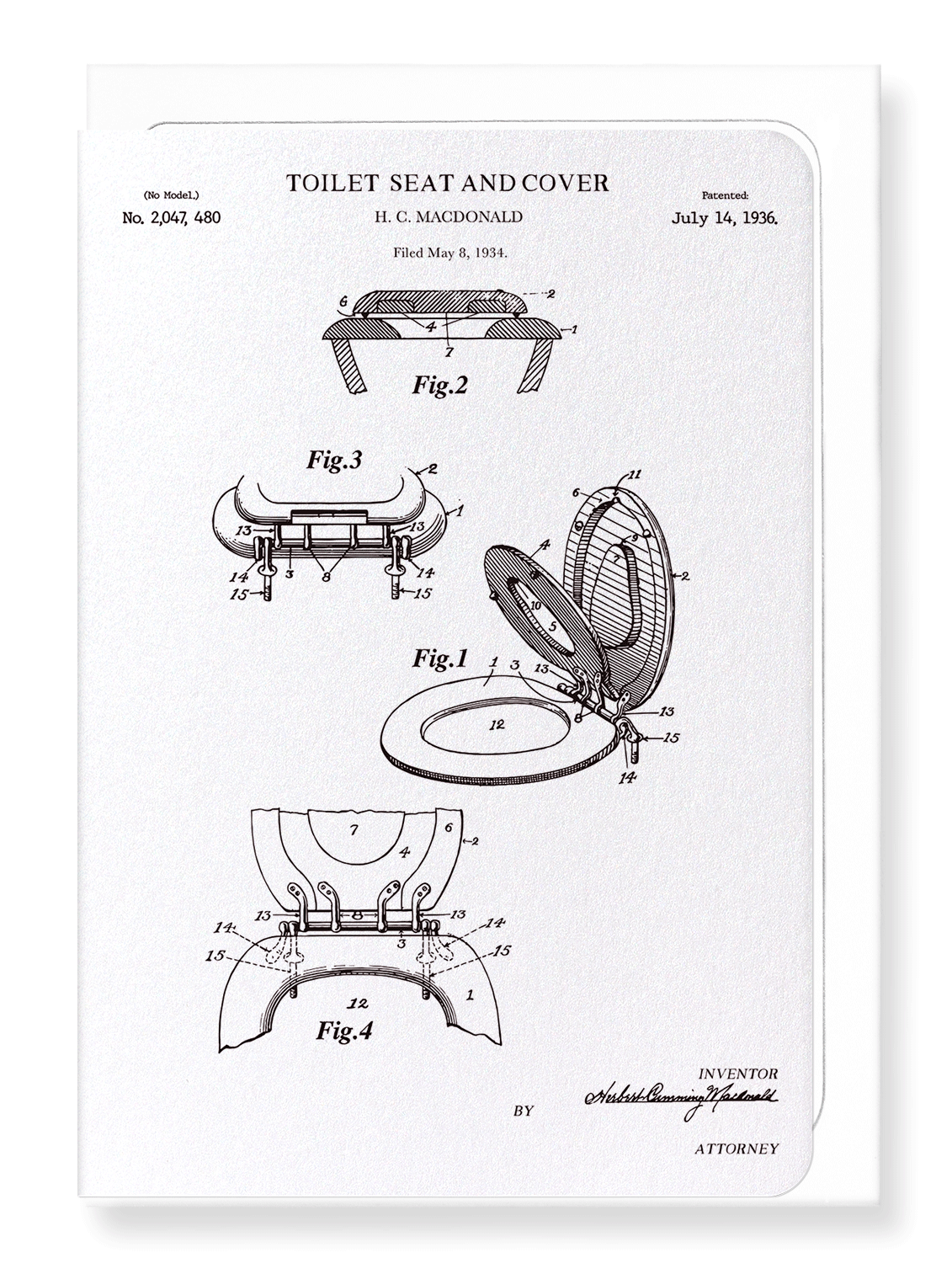 Ezen Designs - Patent of toilet seat and cover (1936) - Greeting Card - Front