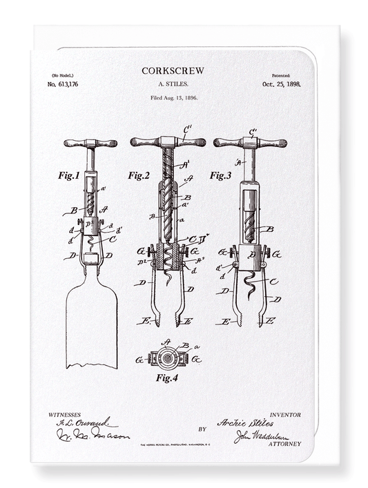 Ezen Designs - Patent of corkscrew (1898) - Greeting Card - Front