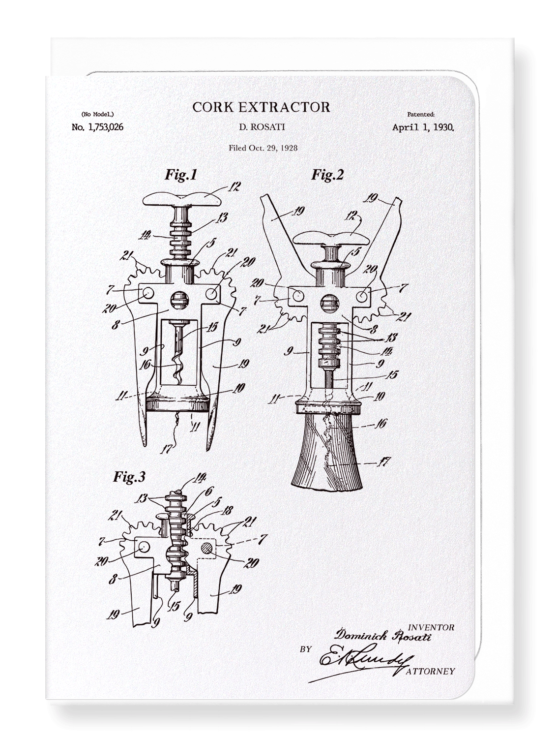 Ezen Designs - Patent of cork extractor (1930) - Greeting Card - Front