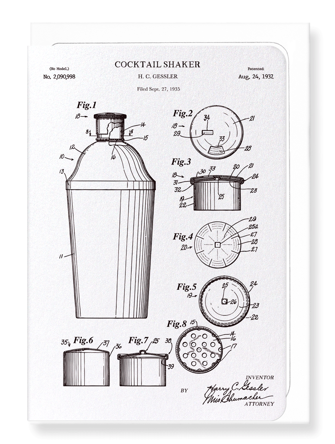 Ezen Designs - Patent of cocktail shaker (1937) - Greeting Card - Front