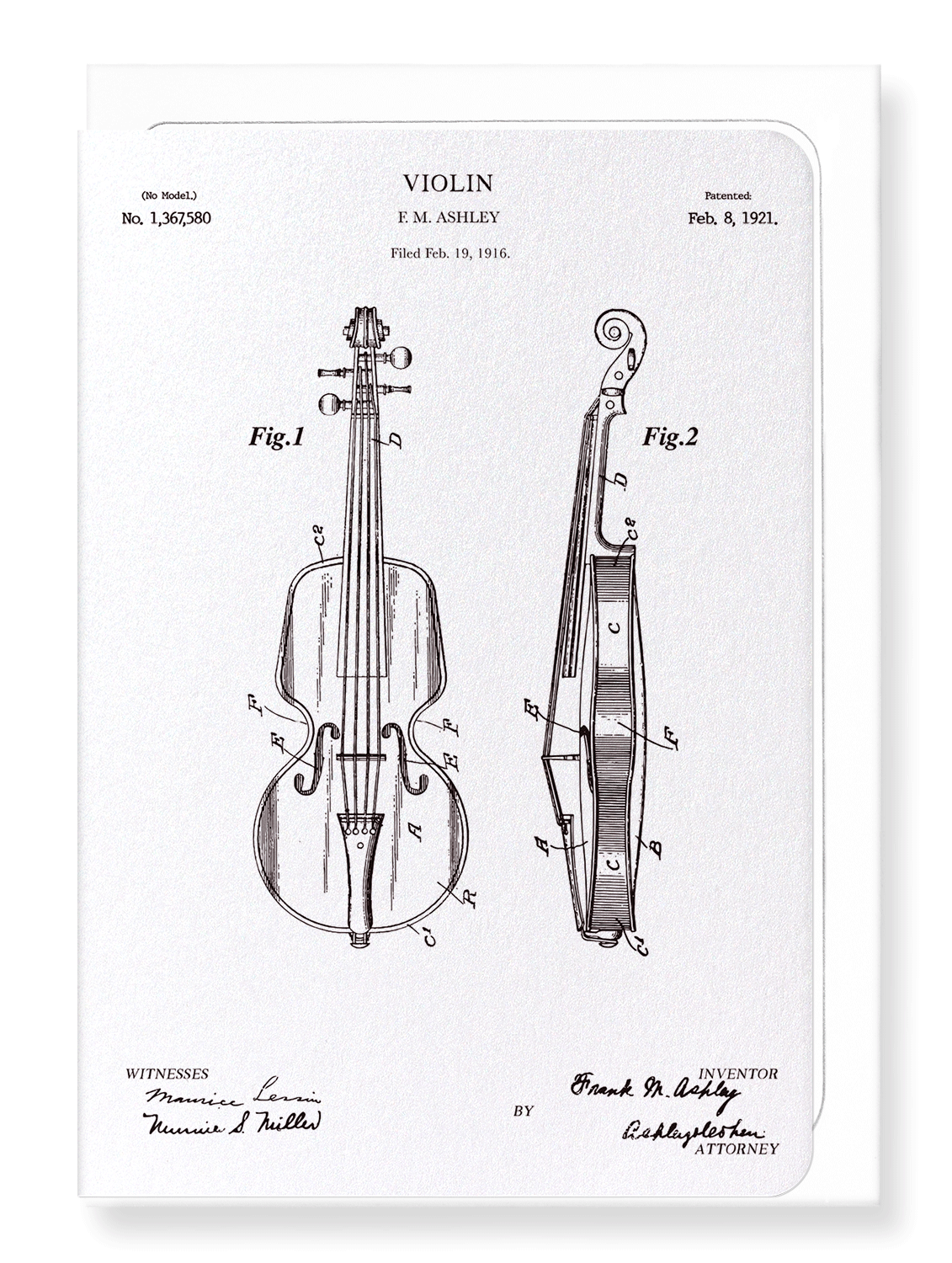 Ezen Designs - Patent of violin (1921) - Greeting Card - Front