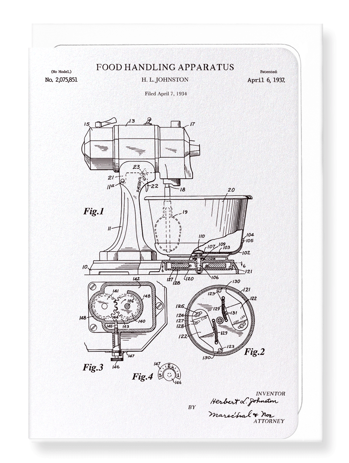 Ezen Designs - Patent of food handling apparatus (1937) - Greeting Card - Front
