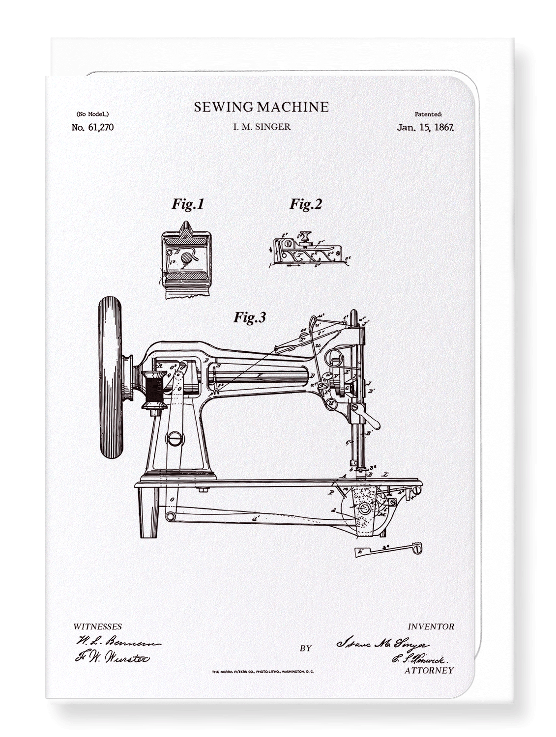 Ezen Designs - Patent of sewing machine (1867) - Greeting Card - Front