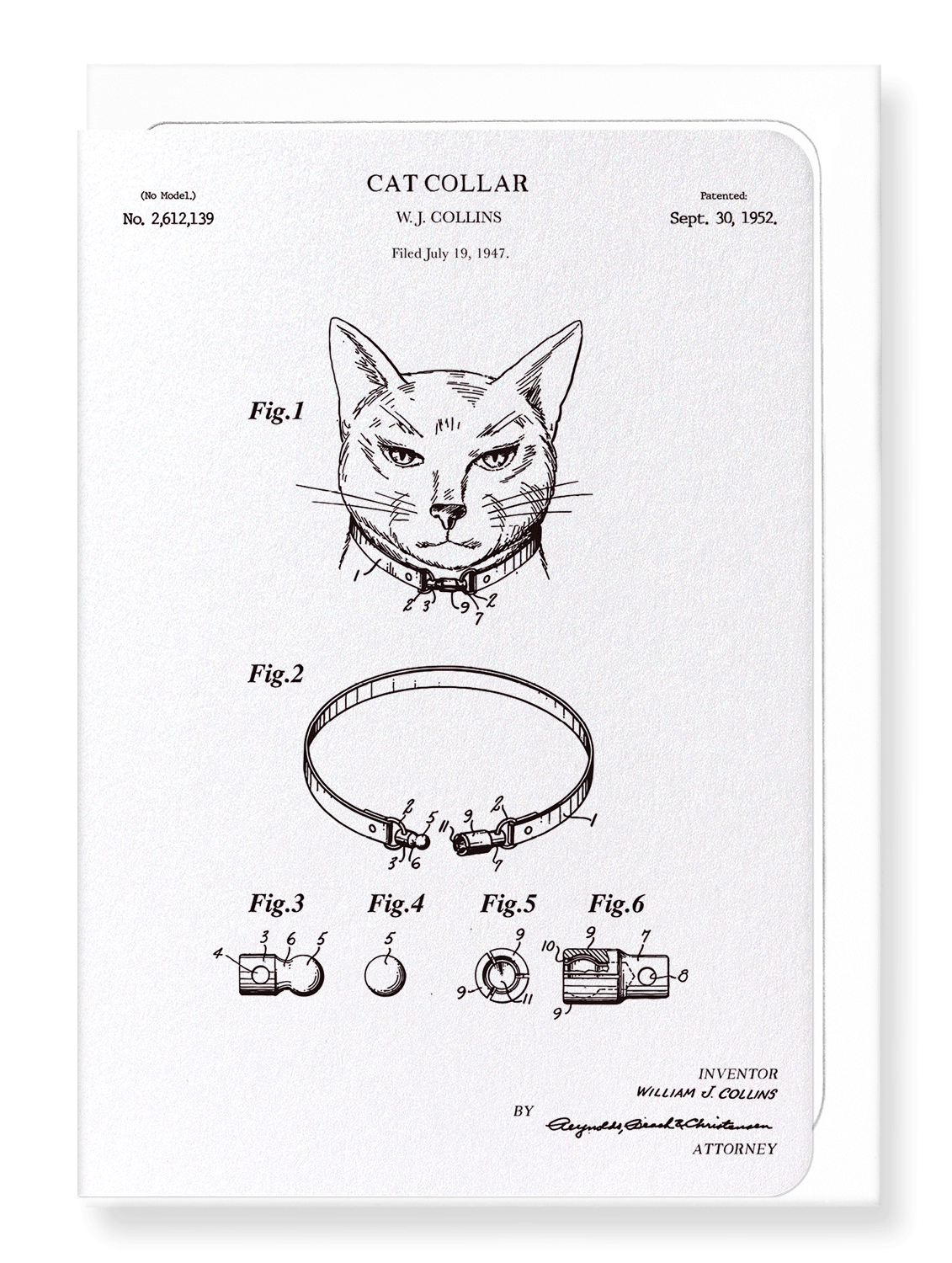 Ezen Designs - Patent of cat collar (1952) - Greeting Card - Front