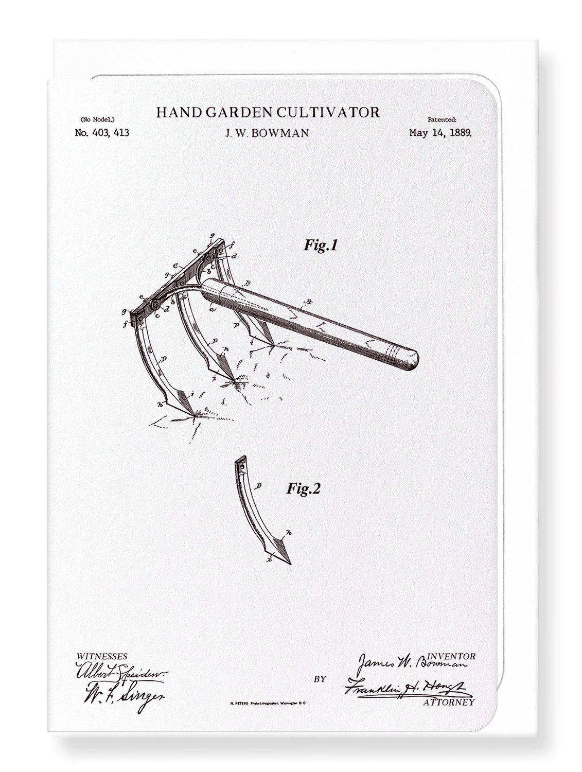 Ezen Designs - Patent of hand garden cultivator (1889) - Greeting Card - Front