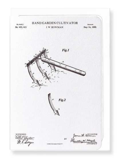 Ezen Designs - Patent of hand garden cultivator (1889) - Greeting Card - Front