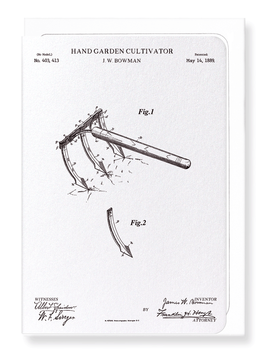 Ezen Designs - Patent of hand garden cultivator (1889) - Greeting Card - Front