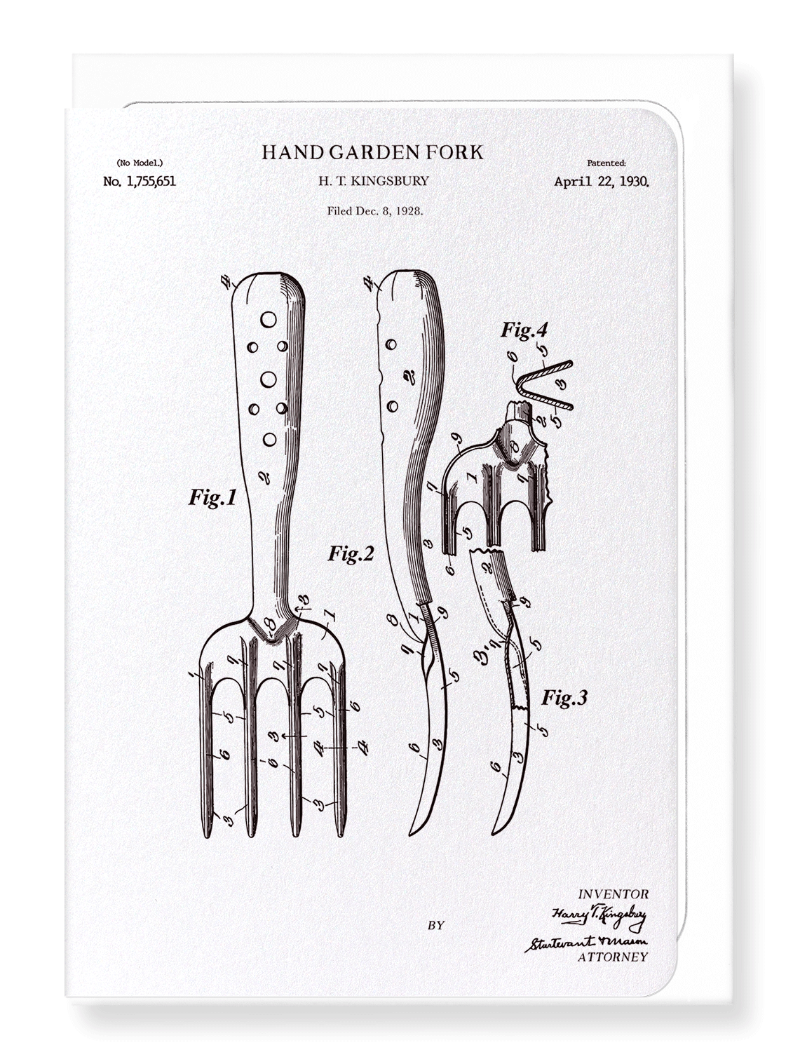 Ezen Designs - Patent of hand garden fork (1930) - Greeting Card - Front