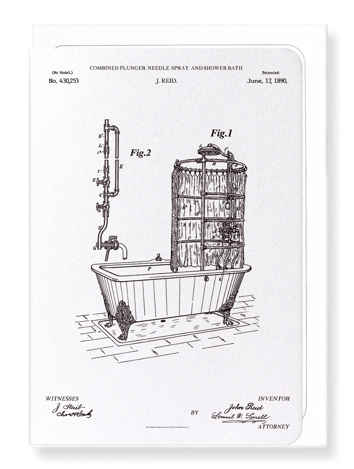 Ezen Designs - Patent of shower bath (1890) - Greeting Card - Front