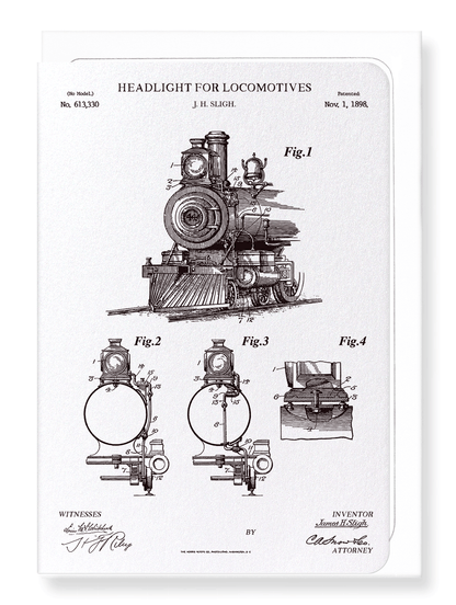 Ezen Designs - Patent of headlight for locomotives (1898) - Greeting Card - Front