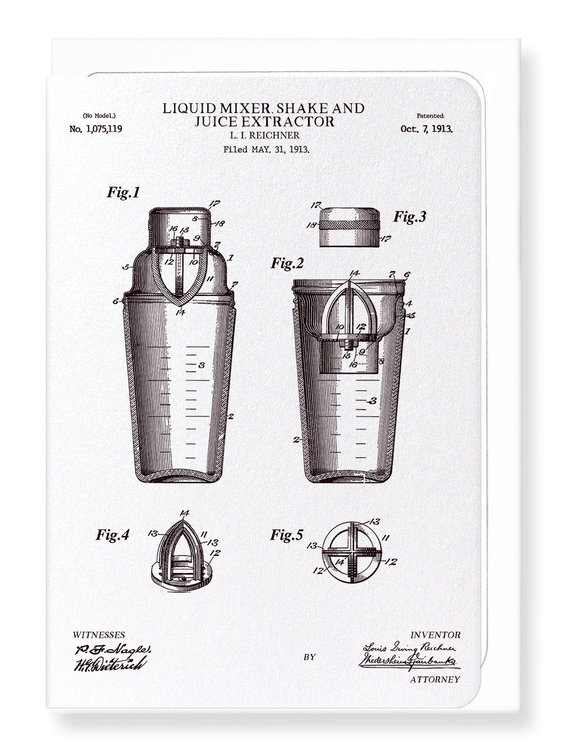 Ezen Designs - Patent of liquid mixer, shake & juice extractor (1913) - Greeting Card - Front