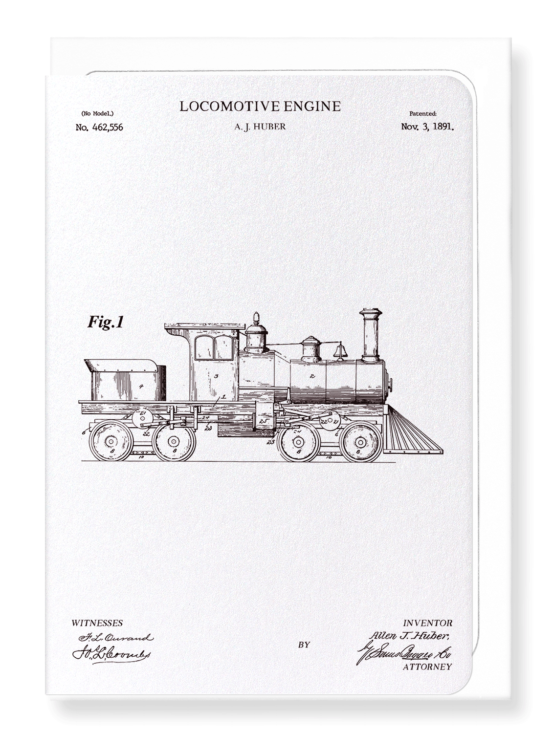 Ezen Designs - Patent of locomotive engine (1891) - Greeting Card - Front