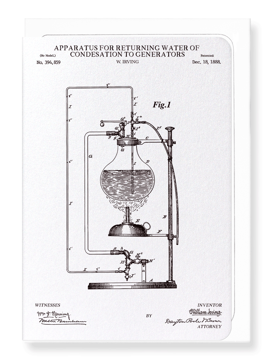 Ezen Designs - Patent of Apparatus for returning water of condensation to generators (1888) - Greeting Card - Front
