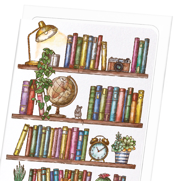 BOOKSHELF WITH CAT AND MOUSE: Victorian Greeting Card