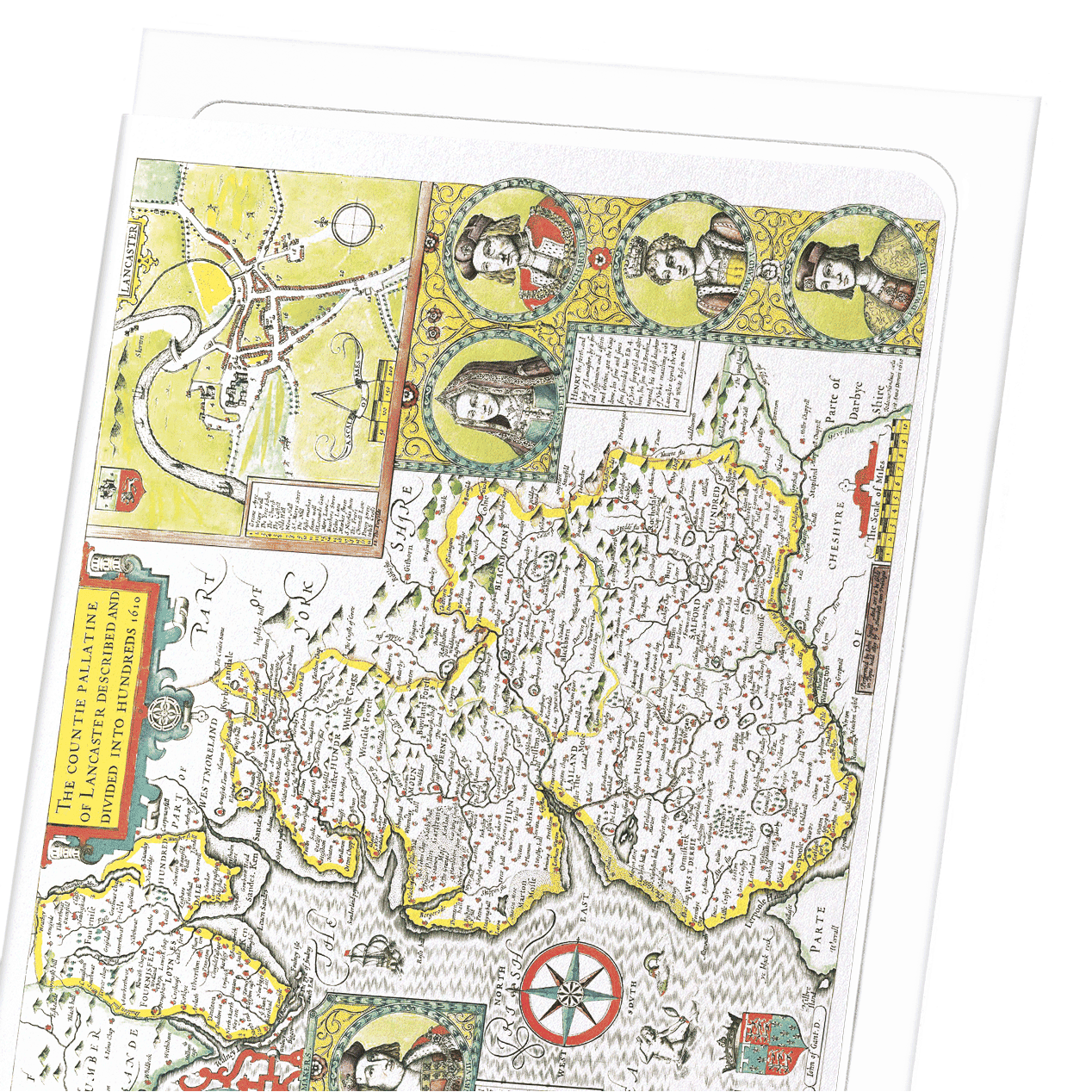 COUNTY OF LANCASTER BY JOHN SPEED (1610): Map antique Greeting Card