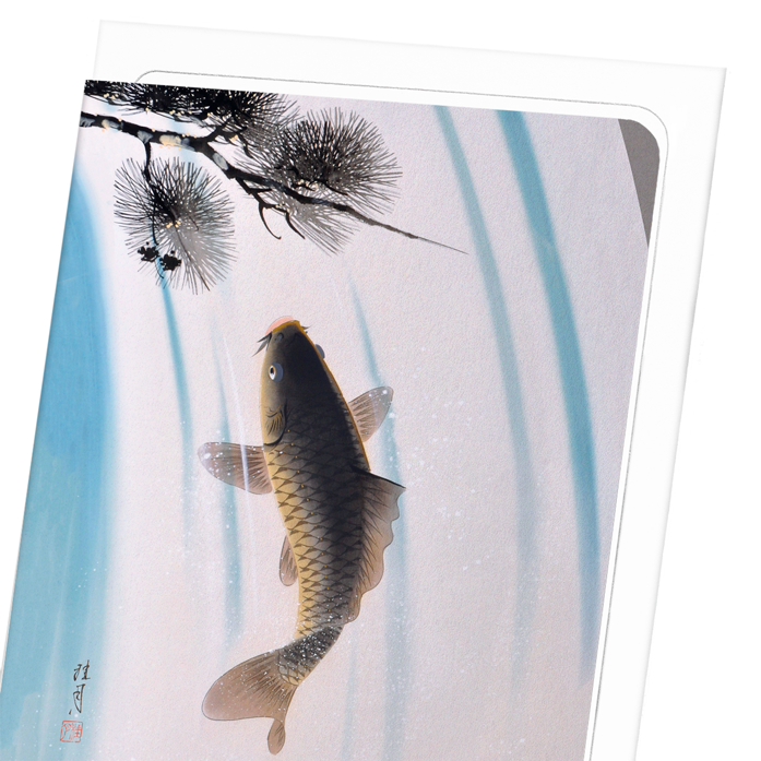 CARP AND WATERFALL: Japanese Greeting Card