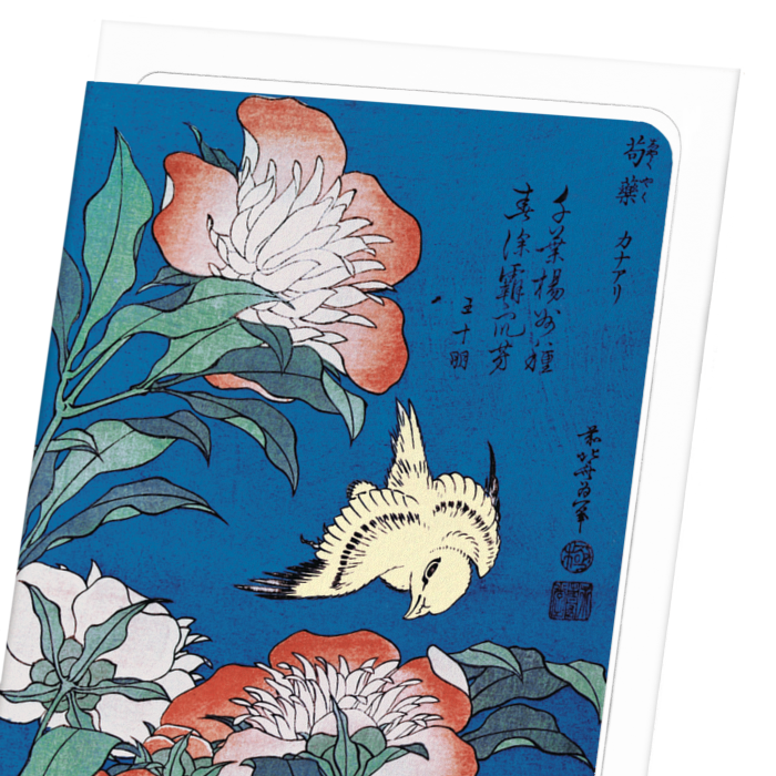 PEONIES AND CANARY (C.1834): Japanese Greeting Card