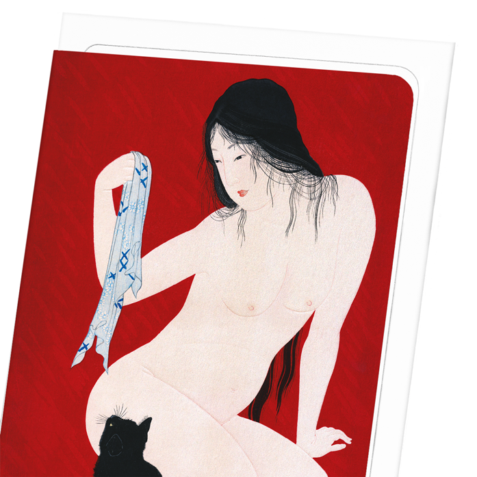 NUDE WITH BLACK CAT C.1930: Japanese Greeting Card