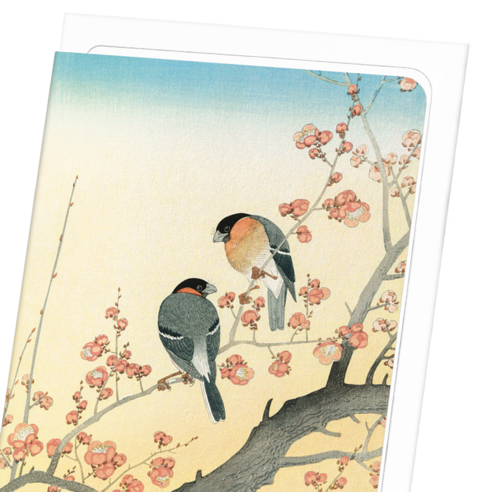 BULLFINCHES AND PLUM BLOSSOMS (C.1900): Japanese Greeting Card