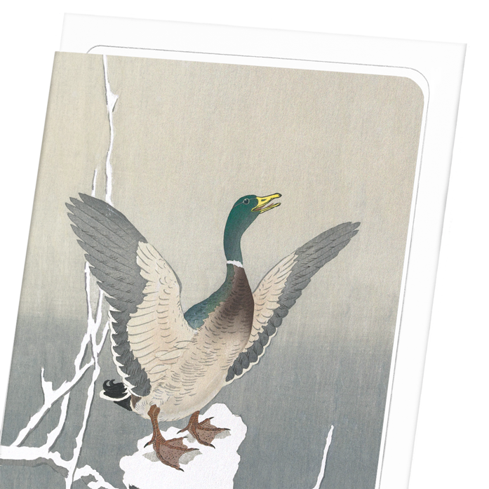 DUCK ON SNOWY TREE STUMP: Japanese Greeting Card