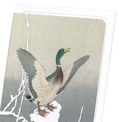 DUCK ON SNOWY TREE STUMP: Japanese Greeting Card