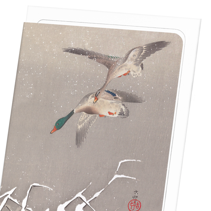 TWO MALLARDS DUCKS IN FLIGHT: Japanese Greeting Card