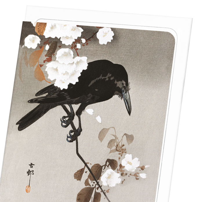 CROW WITH CHERRY BLOSSOM: Japanese Greeting Card