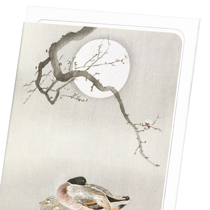 DUCKS AND BLOSSOM IN FULL MOON: Japanese Greeting Card