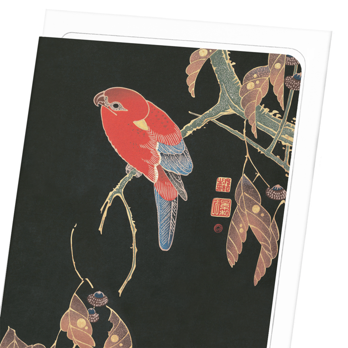 RED PARROT ON A BRANCH (C.1900): Japanese Greeting Card