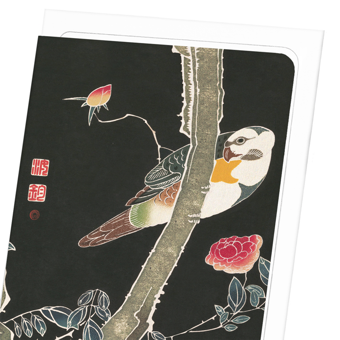 PARROT AND ROSE BUSH (C.1900): Japanese Greeting Card