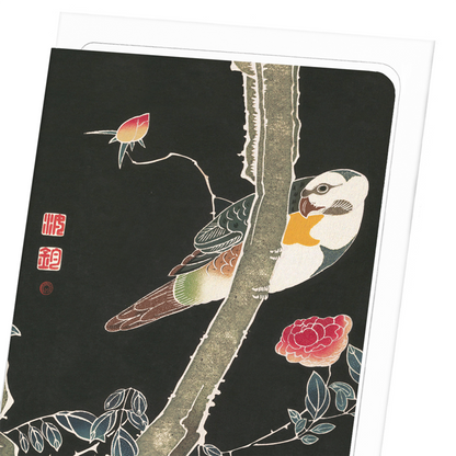 PARROT AND ROSE BUSH (C.1900): Japanese Greeting Card