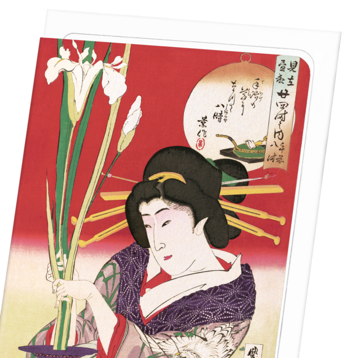 BEAUTY ARRANGING IRIS (1870): Japanese Greeting Card
