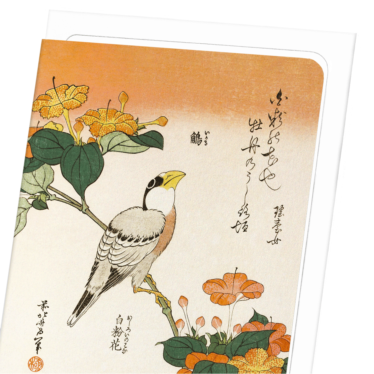 JAPANESE GROSBEAK WITH MARVEL-OF-PERU FLOWERS (C.1834): Japanese Greeting Card