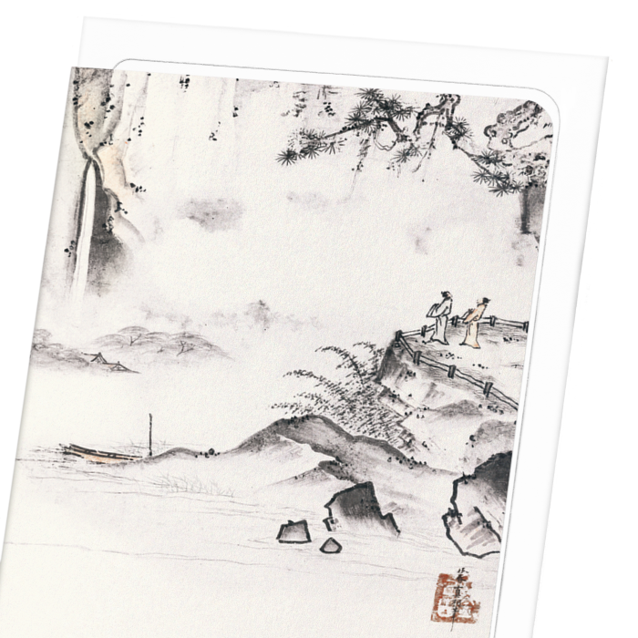 TWO MEN OBSERVING A WATERFALL (1500): Japanese Greeting Card
