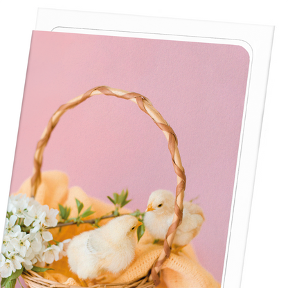 TWO CHICKS AND BASKET: Photo Greeting Card