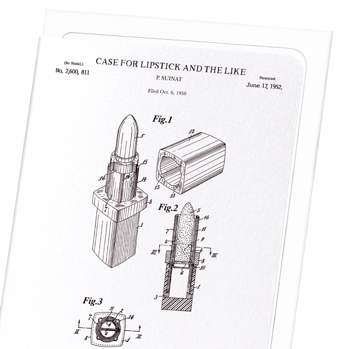 PATENT OF LIPSTICK CASE (1952): Patent Greeting Card