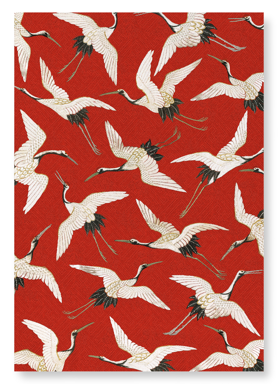 CRANE EMBROIDERY ON RED : Pattern Art Print