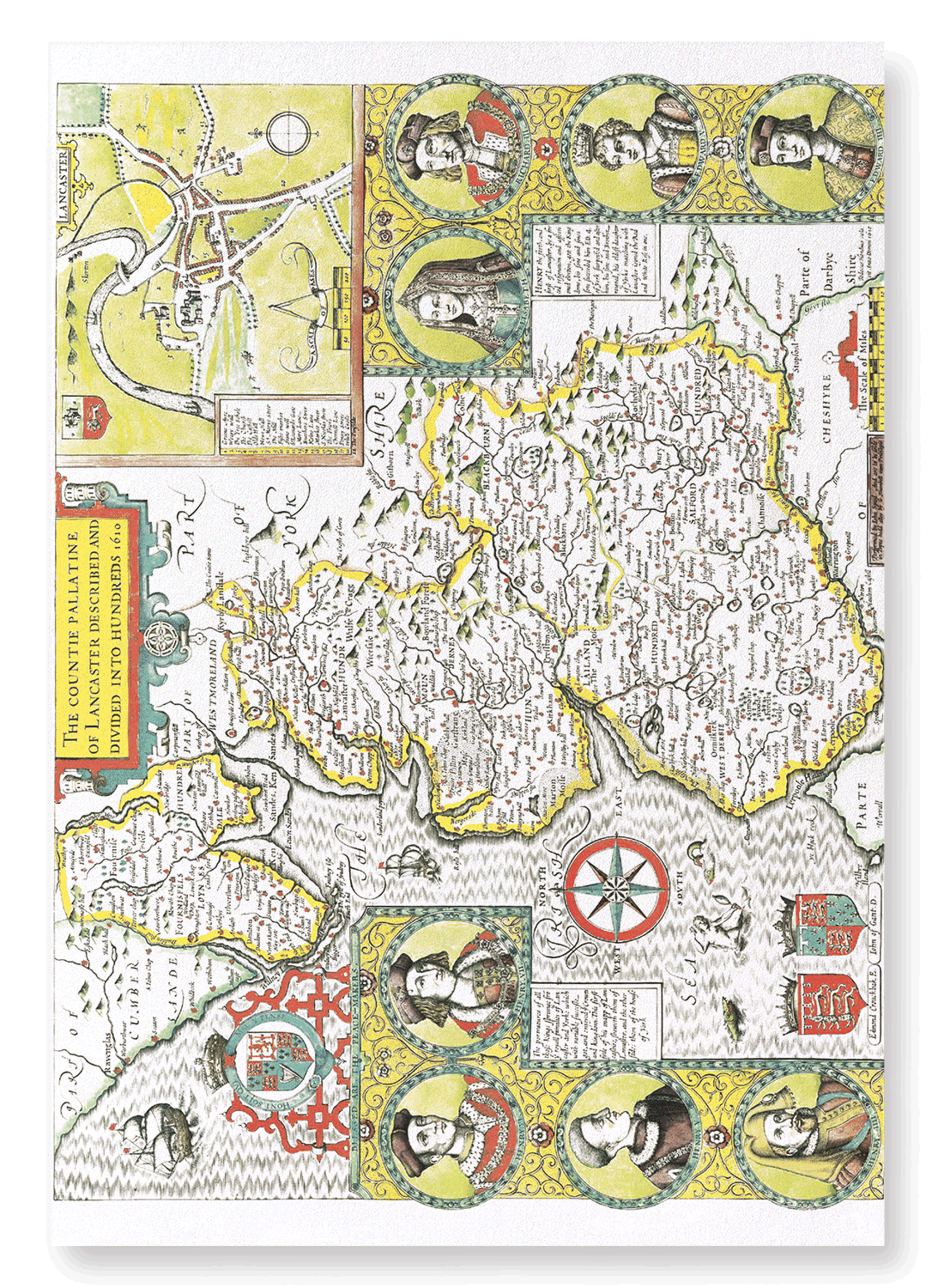COUNTY OF LANCASTER BY JOHN SPEED (1610): Map antique Art Print