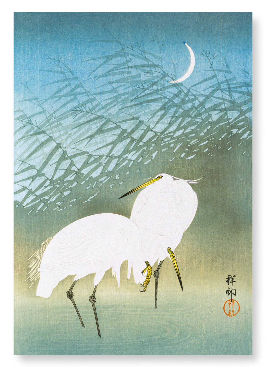 EGRETS AND CRESCENT MOON: Japanese Art Print